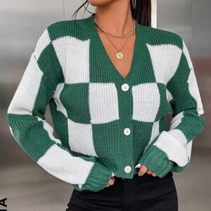NWOT! Dark Green & White Large Checkered Button Down Sweater Cardigan SHEIN